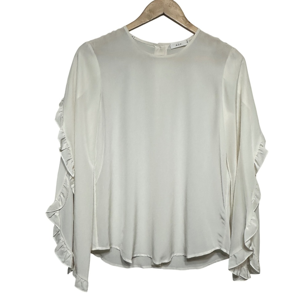 A.L.C. 100% Silk Ruffle Bell Sleeve Blouse Womens 4 Ivory Quiet Luxury Romantic